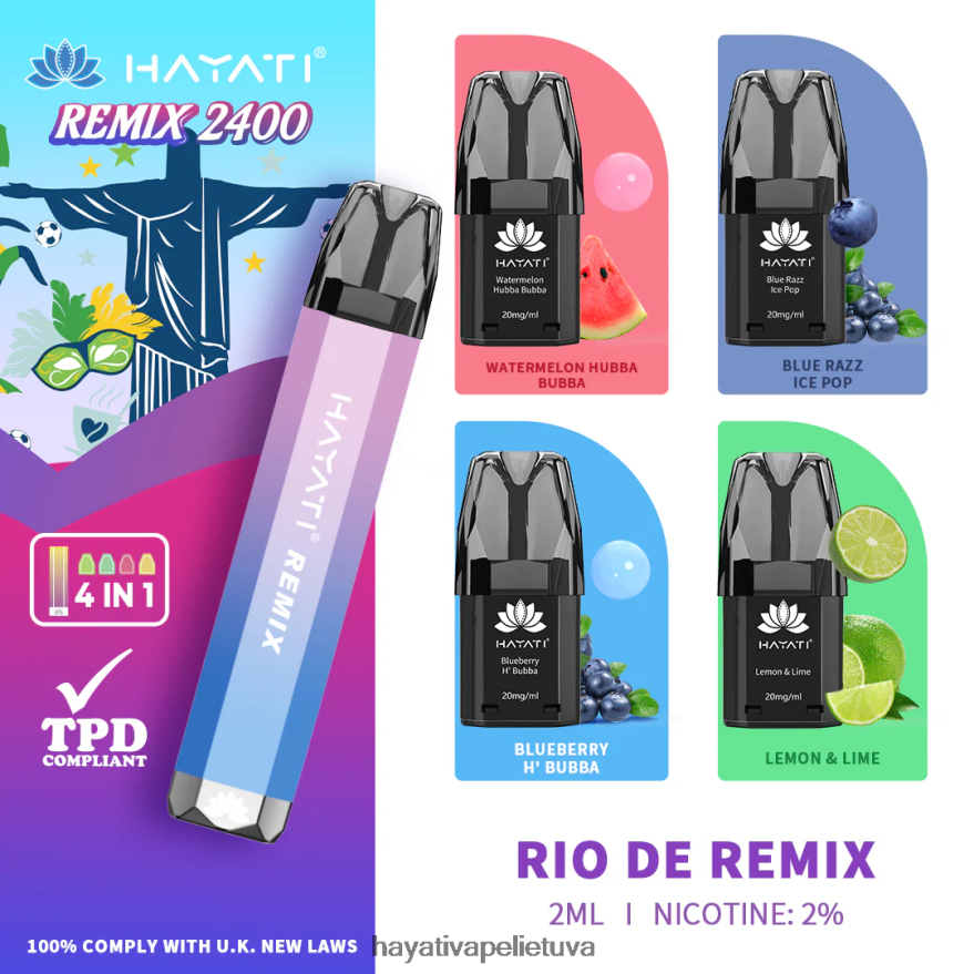 Hayati Remix iš anksto užpildyta ankšties sistema 2400 išpūtimų Rio de remiksas Hayati vape review FFBB0Z57