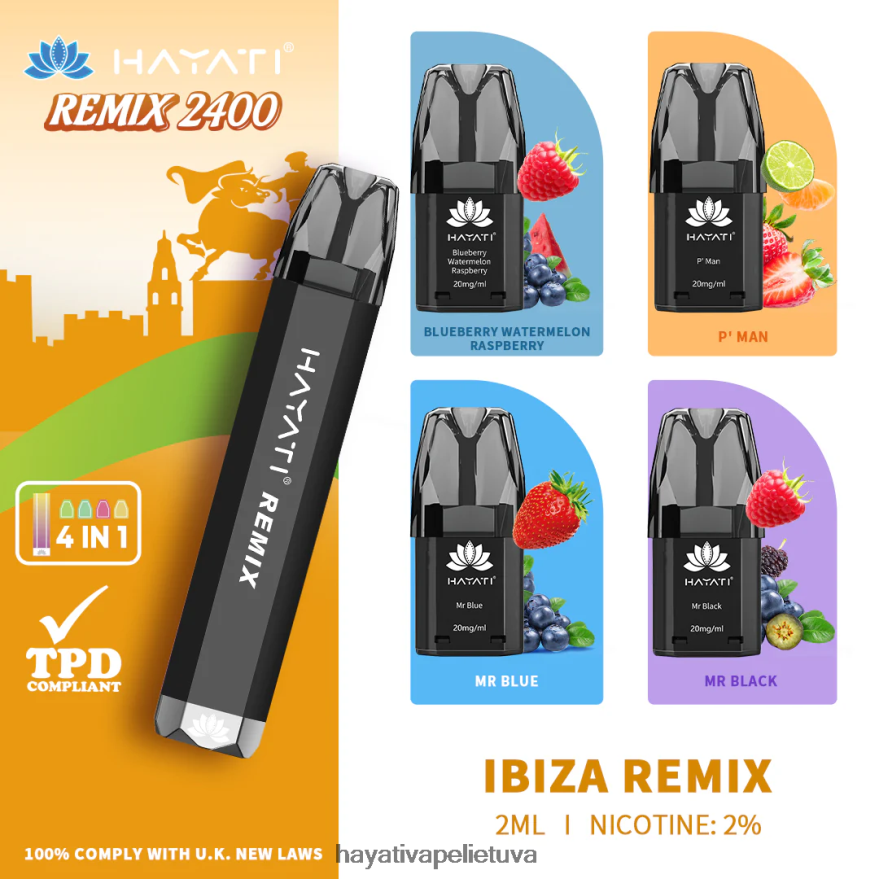 Hayati Remix iš anksto užpildyta ankšties sistema 2400 išpūtimų ibiza remiksas Hayati flavour list FFBB0Z55