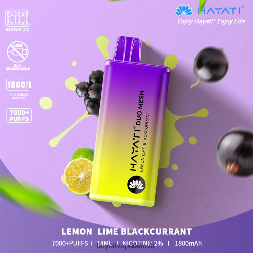 Hayati Duo Mesh vienkartiniai citrininis laimas juodųjų serbentų Hayati vape review FFBB0Z187