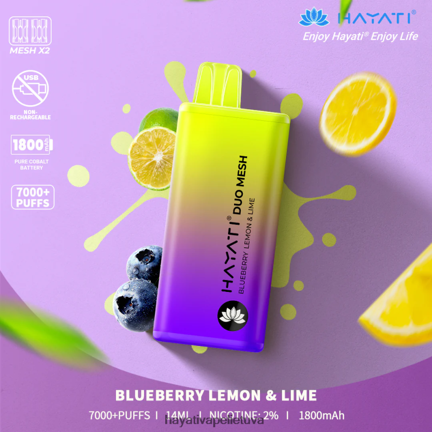 Hayati Duo Mesh vienkartiniai mėlynių citrina ir laimas Hayati flavour list FFBB0Z165