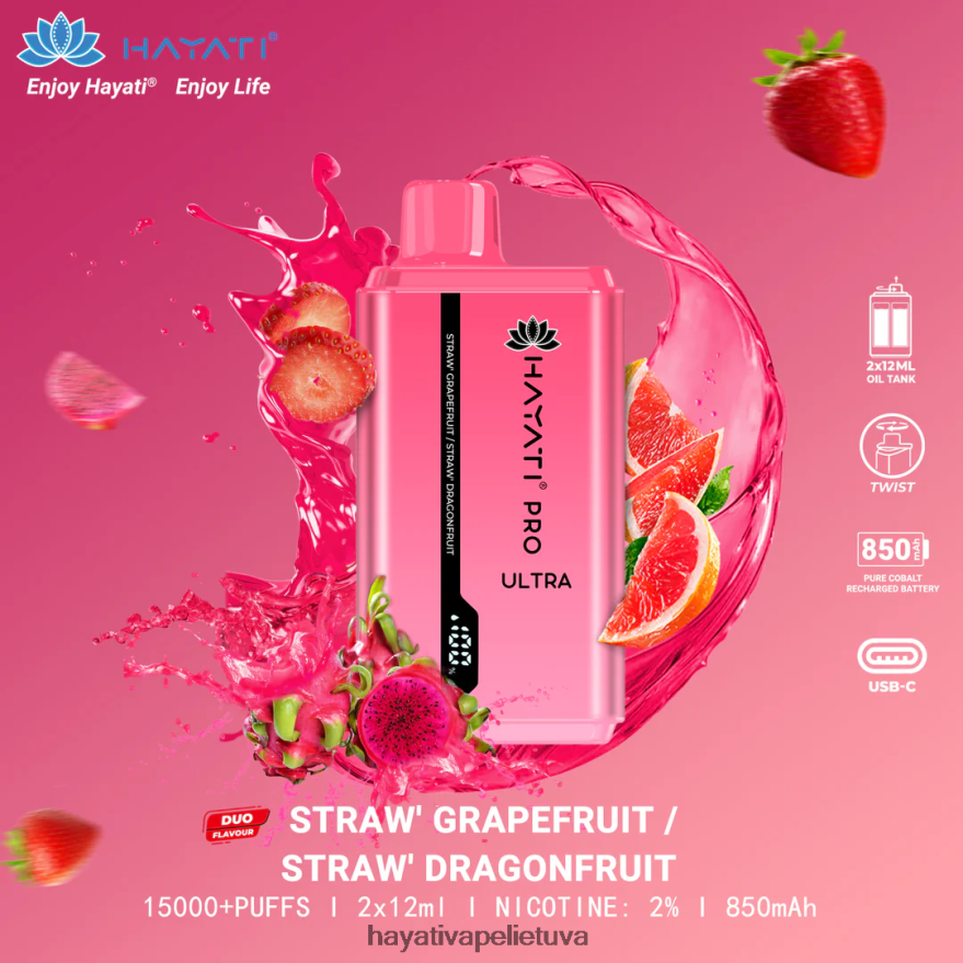 Hayati Pro Ultra vienkartiniai 15000 įpūtimų braškinis greipfrutas/braškinis drakonas Hayati flavour vapes FFBB0Z226
