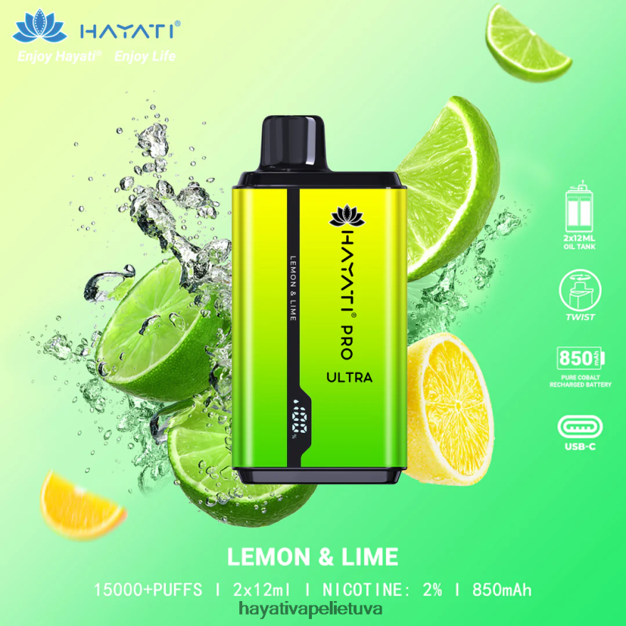 Hayati Pro Ultra vienkartiniai 15000 įpūtimų citrina ir laimas Hayati vape lietuva FFBB0Z203