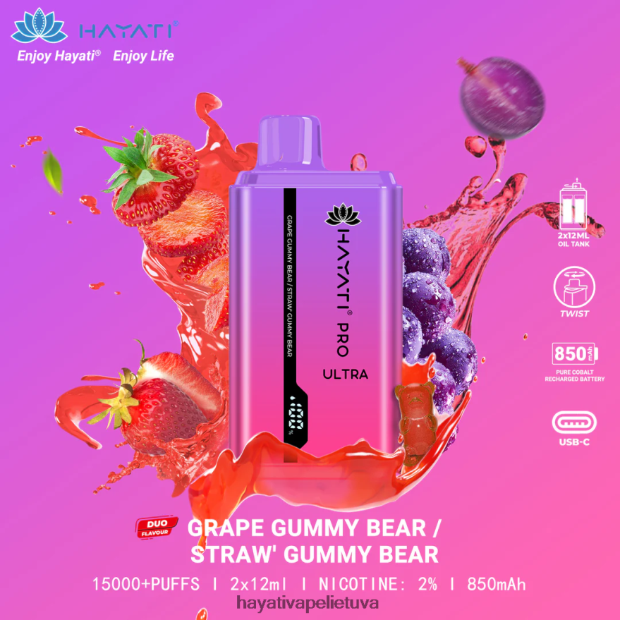 Hayati Pro Ultra vienkartiniai 15000 įpūtimų grape gummy bear/strawberry gummy bear Hayati lietuva FFBB0Z221