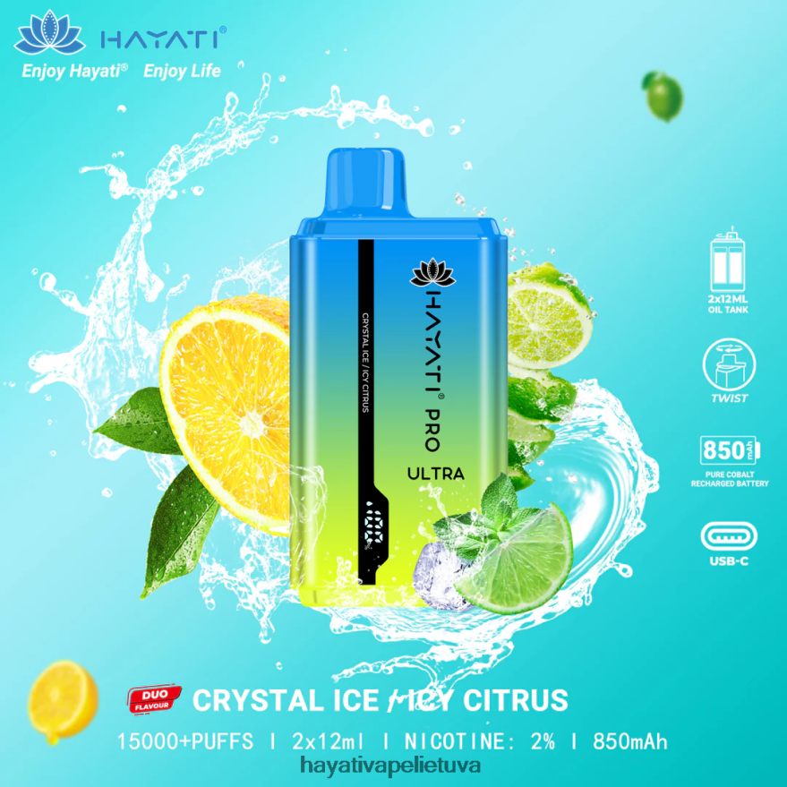 Hayati Pro Ultra vienkartiniai 15000 įpūtimų krištolo ledas / ledinis citrusinis vaisius Hayati vape flavours FFBB0Z218