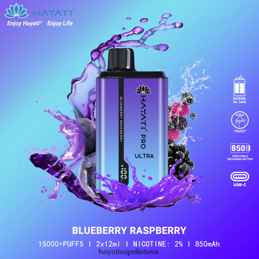 Hayati Pro Ultra vienkartiniai 15000 įpūtimų mėlynių aviečių Hayati flavour vapes FFBB0Z196