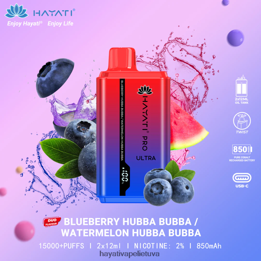 Hayati Pro Ultra vienkartiniai 15000 įpūtimų mėlynių hubba bubba/arbūzas hubba bubba Hayati vape review FFBB0Z217
