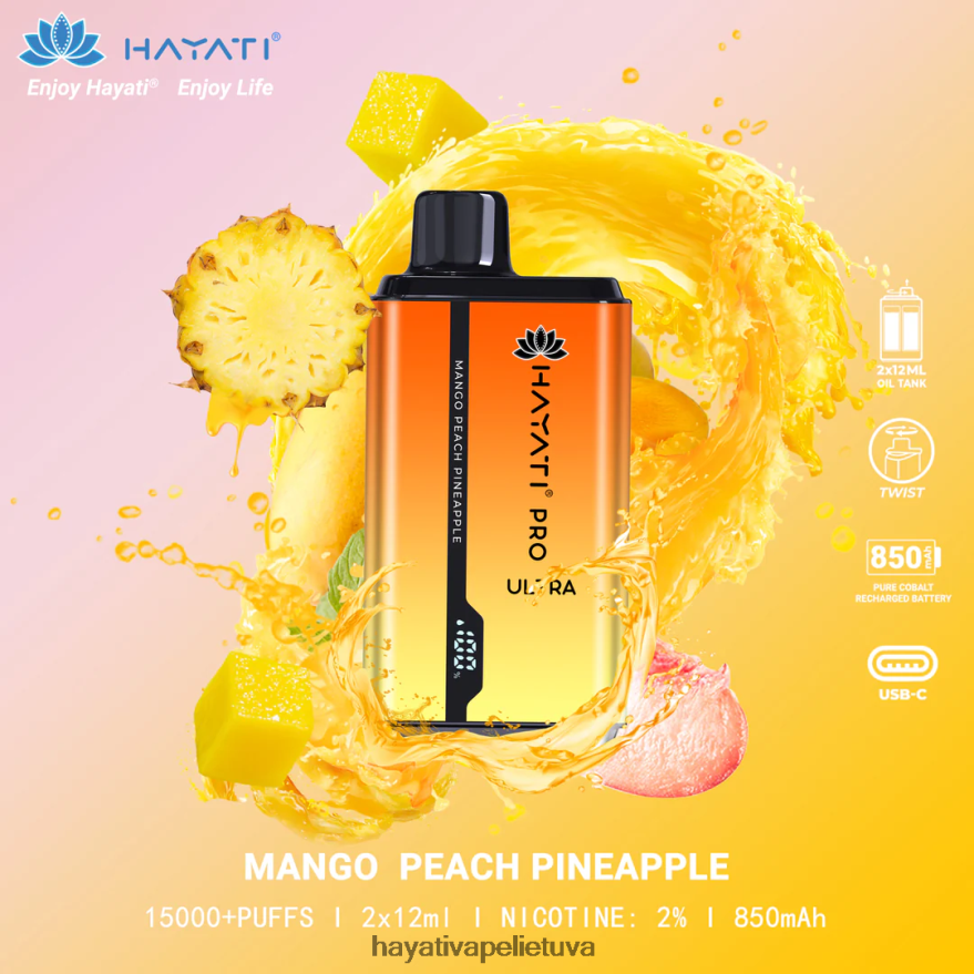 Hayati Pro Ultra vienkartiniai 15000 įpūtimų mango persikų ananasai Hayati flavours lietuva FFBB0Z204