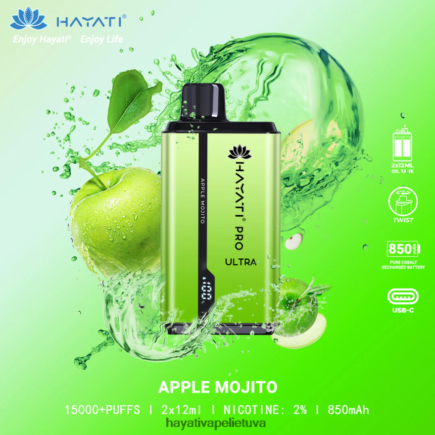 Hayati Pro Ultra vienkartiniai 15000 įpūtimų obuolių mojito Hayati store lietuva FFBB0Z200